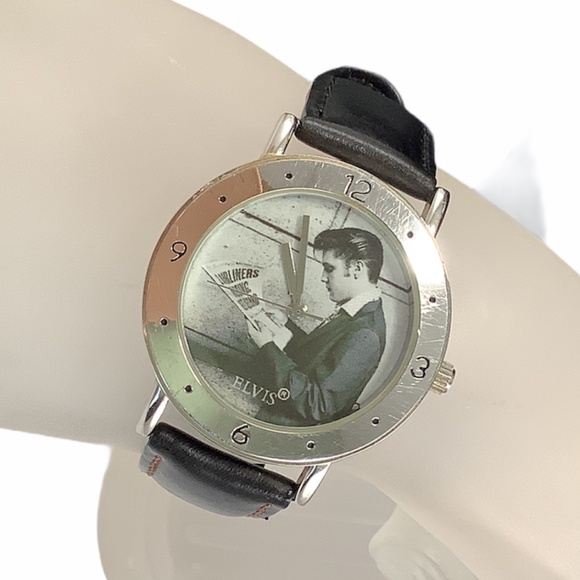 Vintage Cinergy 2002 Elvis Black Leather Silvertone Photo Wrist Watch main image 5
